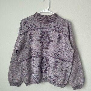 Vintage Vanderbilt Southwest Mock Neck Purple Knit Sweater Aztec Size M